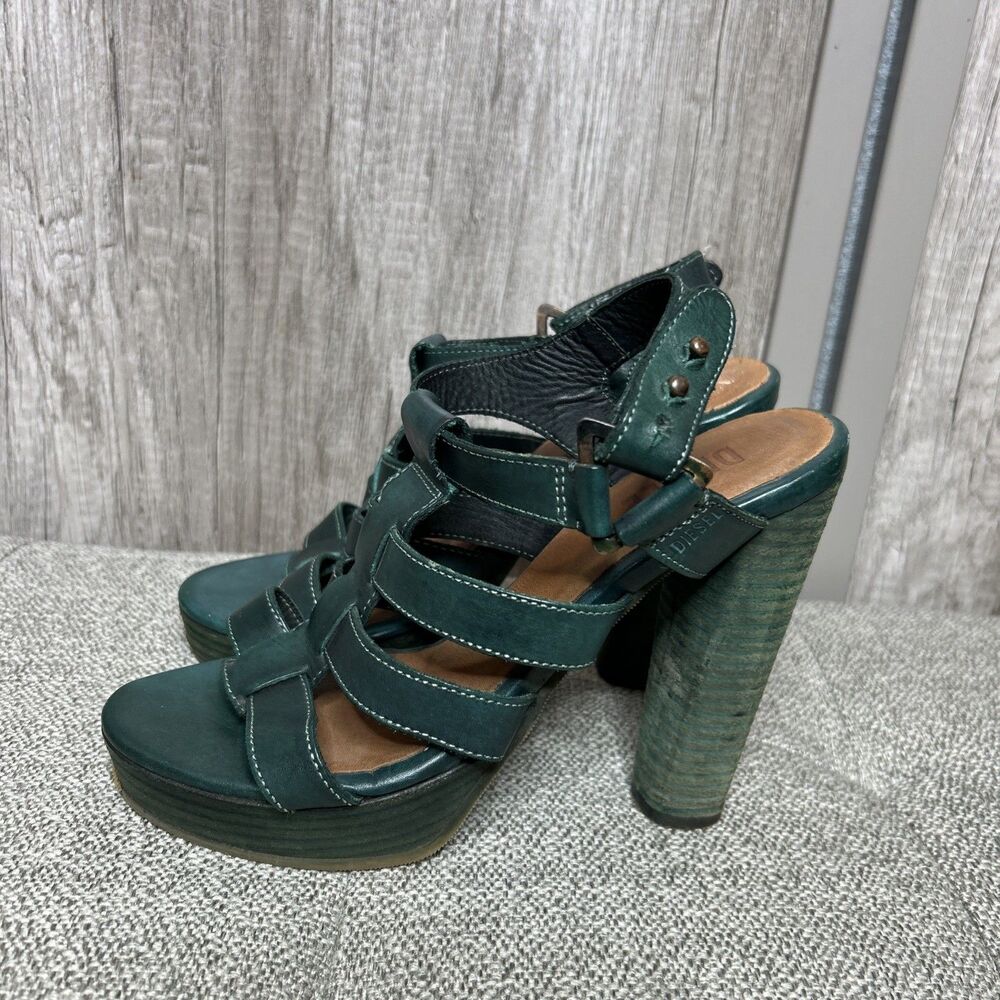 Diesel High Heel Sandals Leather Straps Platform Green Color Size 38 US 7